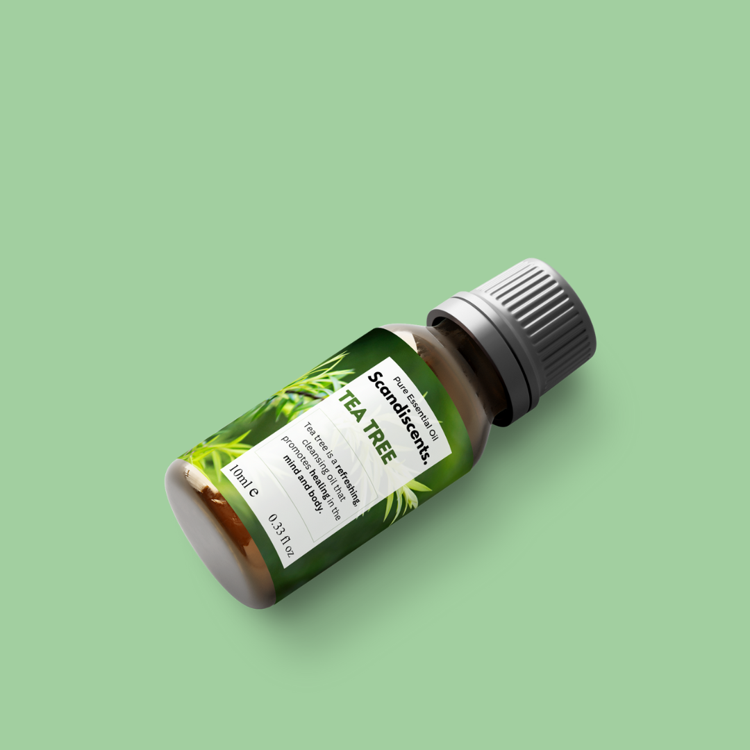 Tea tree essential oil bottle — cold-pressed, no additives